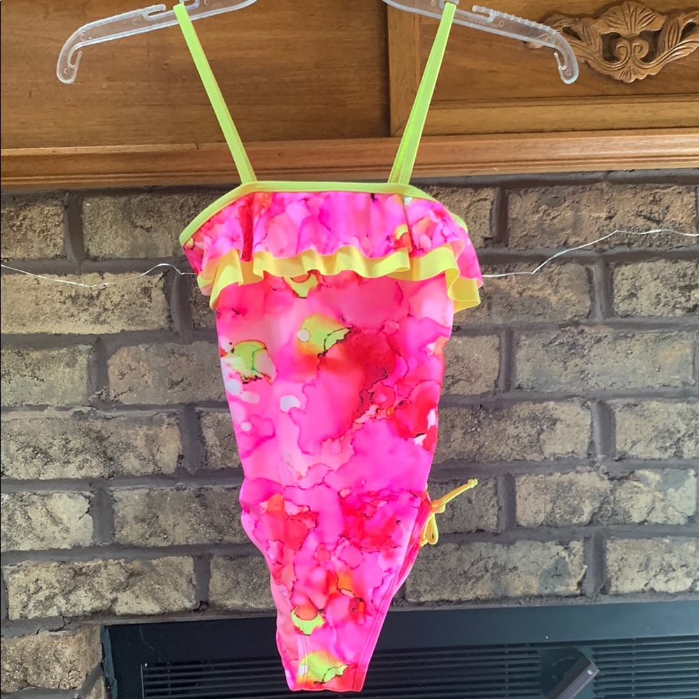 Girls' Neon Pink Watercolor Ruffle One-Piece Swimsuit